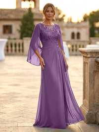A-Line Chiffon Cape Sleeves Floor-Length Mother of the Bride & Groom Dresses with Rhinestones & Ruched Waist