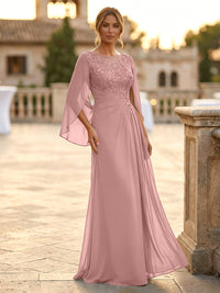 A-Line Chiffon Cape Sleeves Floor-Length Mother of the Bride & Groom Dresses with Rhinestones & Ruched Waist
