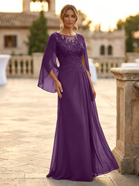 A-Line Chiffon Cape Sleeves Floor-Length Mother of the Bride & Groom Dresses with Rhinestones & Ruched Waist
