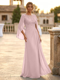 A-Line Chiffon Cape Sleeves Floor-Length Mother of the Bride & Groom Dresses with Rhinestones & Ruched Waist