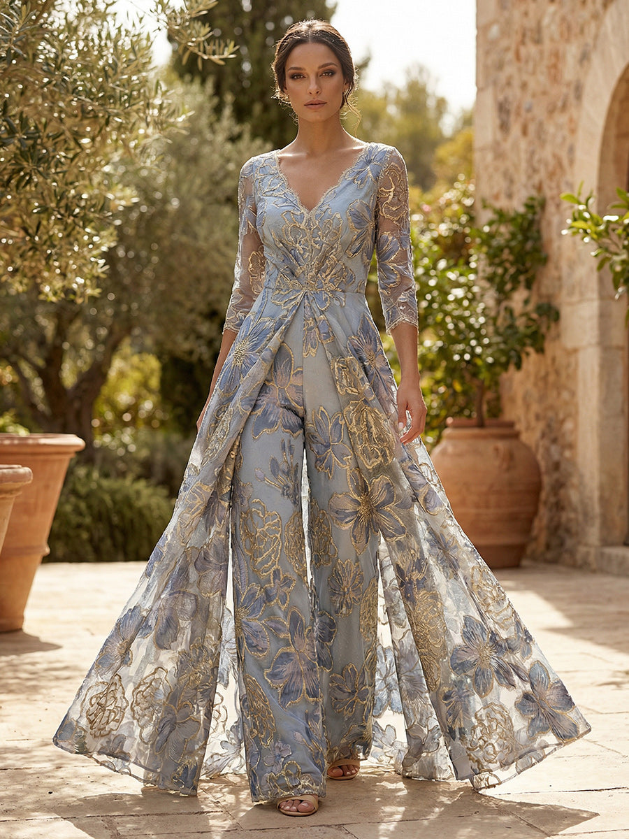 Floral Jacquard 3/4 Sleeves V-Neck Mother of the Bride & Groom Jumpsuit with Ruched Waist