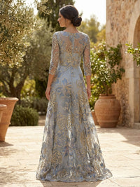 Floral Jacquard 3/4 Sleeves V-Neck Mother of the Bride & Groom Jumpsuit with Ruched Waist