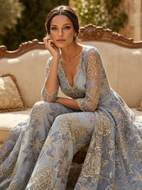 Floral Jacquard 3/4 Sleeves V-Neck Mother of the Bride & Groom Jumpsuit with Ruched Waist