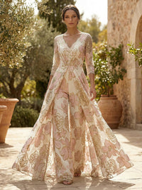 Floral Jacquard 3/4 Sleeves V-Neck Mother of the Bride & Groom Jumpsuit with Ruched Waist
