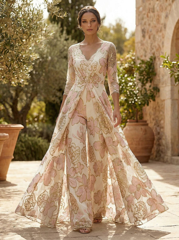 Floral Jacquard 3/4 Sleeves V-Neck Mother of the Bride & Groom Jumpsuit with Ruched Waist