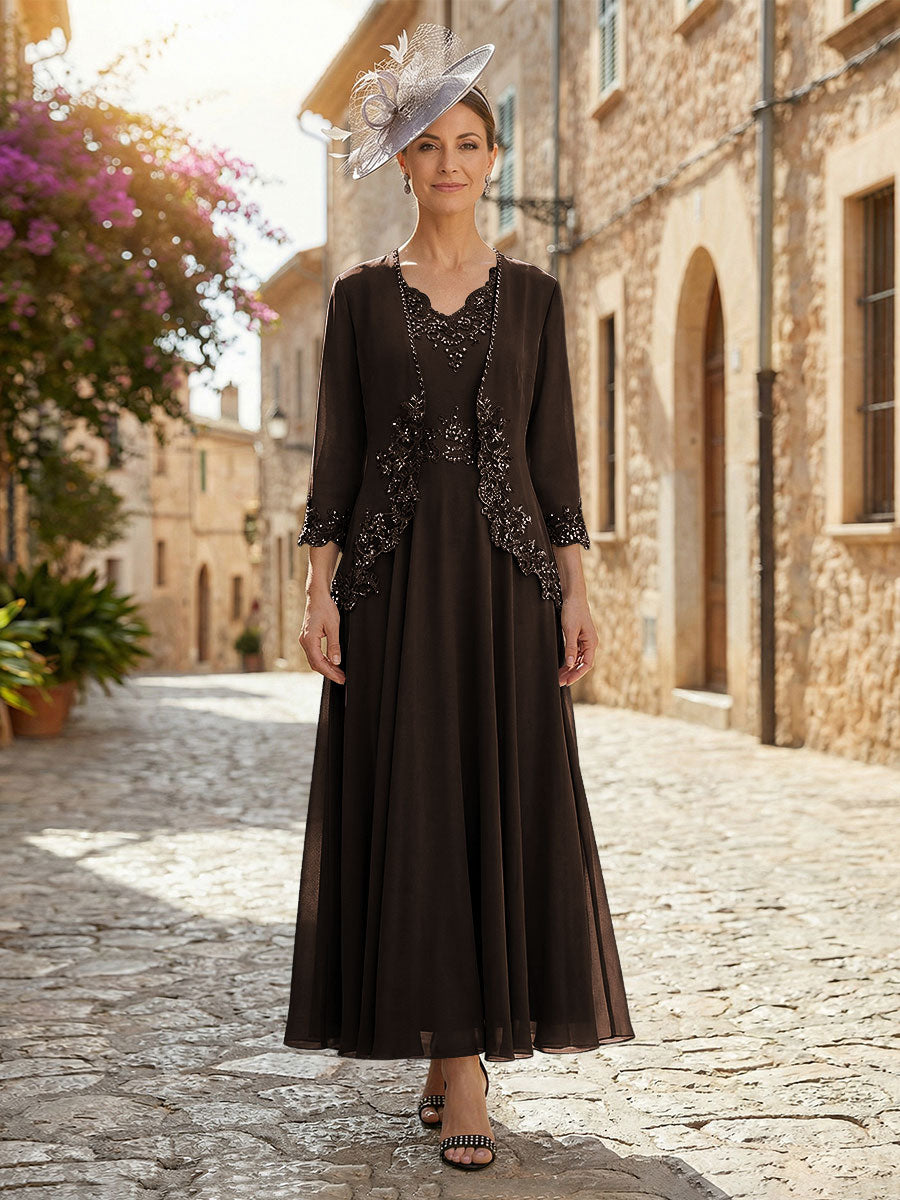2-Piece A-Line Chiffon 3/4 Sleeves Mother of the Bride & Groom Dresses with Scalloped V-Neck Lace Bodice
