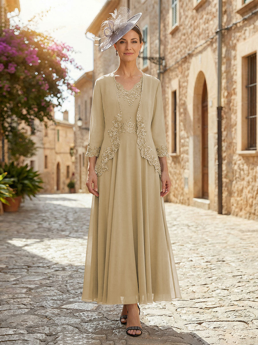 2-Piece A-Line Chiffon 3/4 Sleeves Mother of the Bride & Groom Dresses with Scalloped V-Neck Lace Bodice