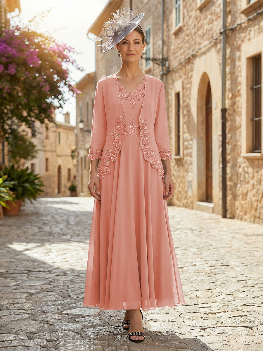 2-Piece A-Line Chiffon 3/4 Sleeves Mother of the Bride & Groom Dresses with Scalloped V-Neck Lace Bodice