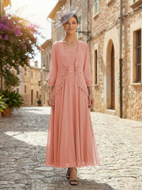 2-Piece A-Line Chiffon 3/4 Sleeves Mother of the Bride & Groom Dresses with Scalloped V-Neck Lace Bodice