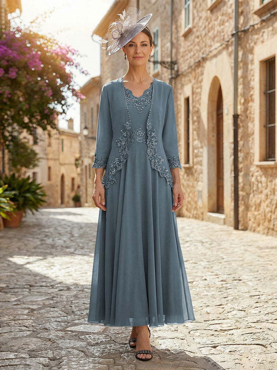 2-Piece A-Line Chiffon 3/4 Sleeves Mother of the Bride & Groom Dresses with Scalloped V-Neck Lace Bodice