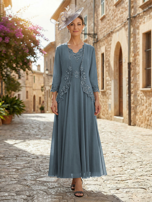 2-Piece A-Line Chiffon 3/4 Sleeves Mother of the Bride & Groom Dresses with Scalloped V-Neck Lace Bodice