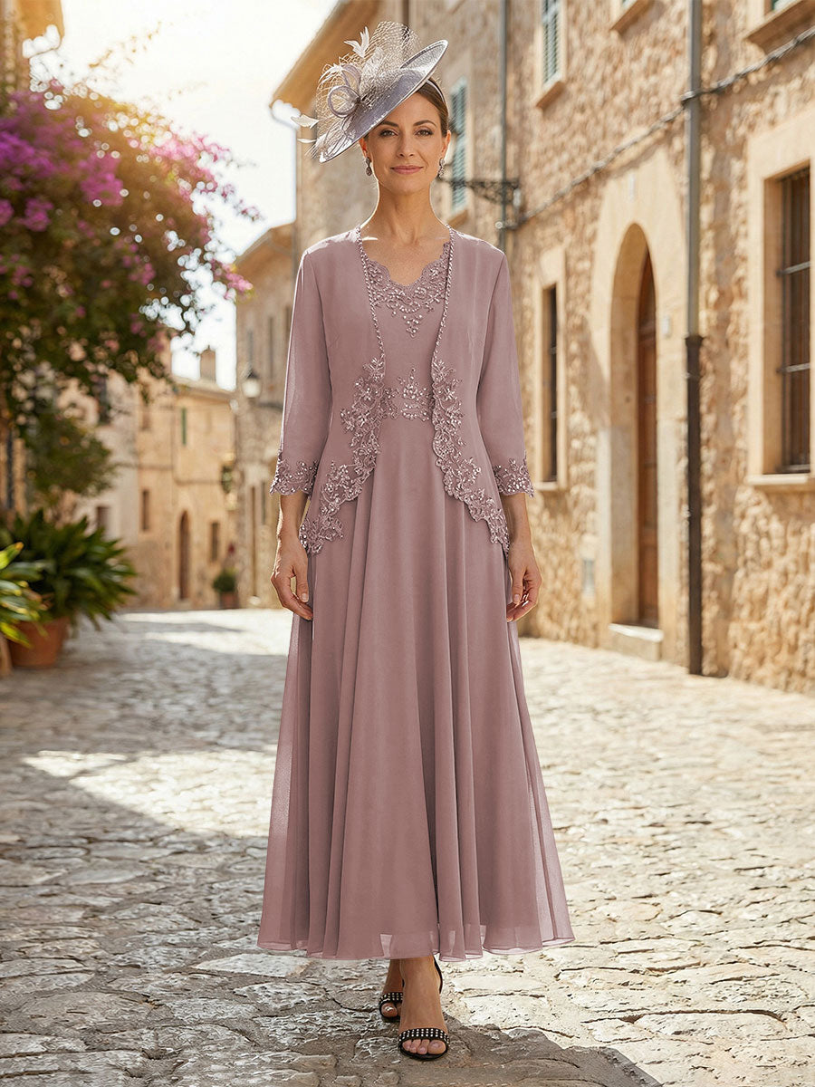 2-Piece A-Line Chiffon 3/4 Sleeves Mother of the Bride & Groom Dresses with Scalloped V-Neck Lace Bodice