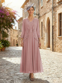 2-Piece A-Line Chiffon 3/4 Sleeves Mother of the Bride & Groom Dresses with Scalloped V-Neck Lace Bodice