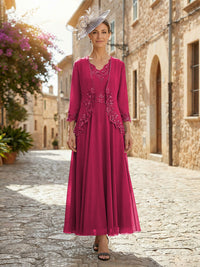 2-Piece A-Line Chiffon 3/4 Sleeves Mother of the Bride & Groom Dresses with Scalloped V-Neck Lace Bodice