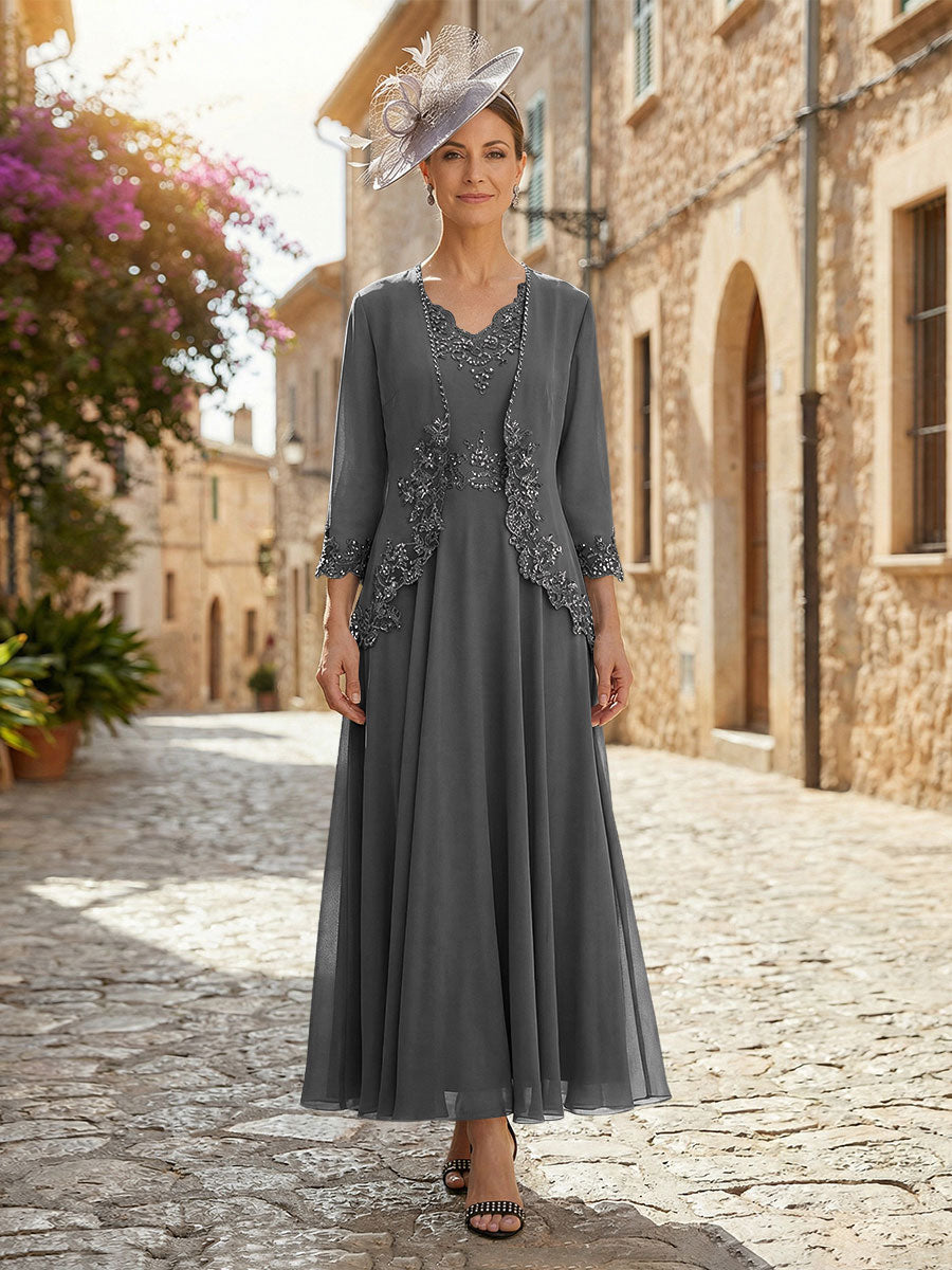 2-Piece A-Line Chiffon 3/4 Sleeves Mother of the Bride & Groom Dresses with Scalloped V-Neck Lace Bodice