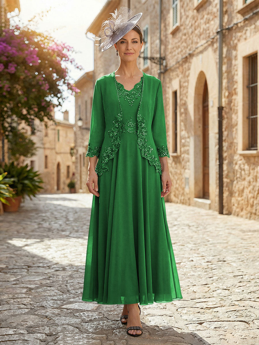 2-Piece A-Line Chiffon 3/4 Sleeves Mother of the Bride & Groom Dresses with Scalloped V-Neck Lace Bodice
