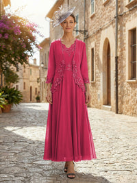 2-Piece A-Line Chiffon 3/4 Sleeves Mother of the Bride & Groom Dresses with Scalloped V-Neck Lace Bodice