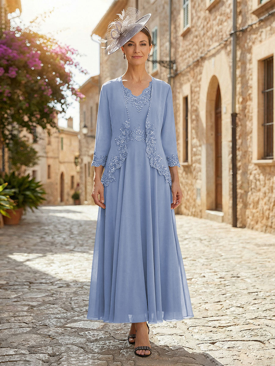 2-Piece A-Line Chiffon 3/4 Sleeves Mother of the Bride & Groom Dresses with Scalloped V-Neck Lace Bodice