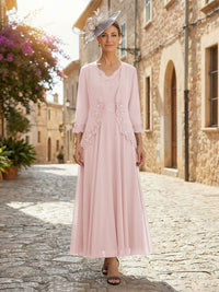2-Piece A-Line Chiffon 3/4 Sleeves Mother of the Bride & Groom Dresses with Scalloped V-Neck Lace Bodice