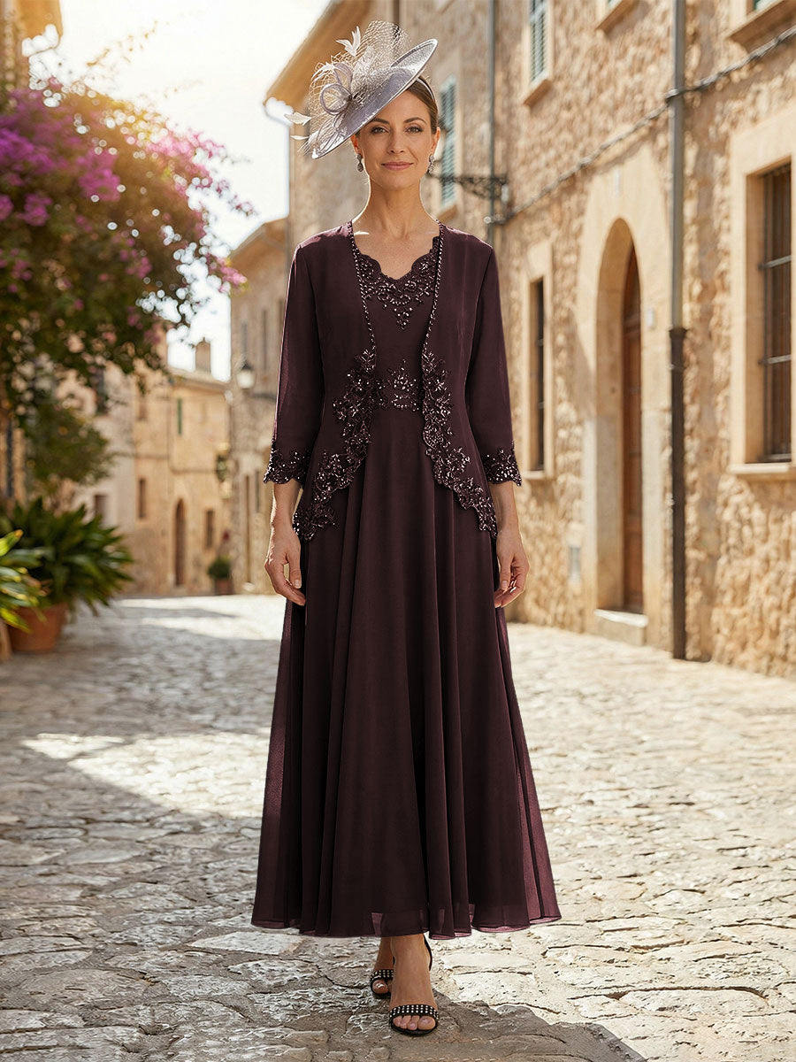 2-Piece A-Line Chiffon 3/4 Sleeves Mother of the Bride & Groom Dresses with Scalloped V-Neck Lace Bodice