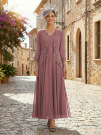 2-Piece A-Line Chiffon 3/4 Sleeves Mother of the Bride & Groom Dresses with Scalloped V-Neck Lace Bodice