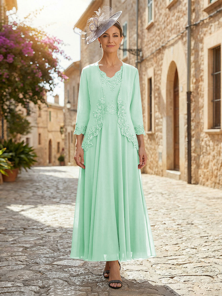 2-Piece A-Line Chiffon 3/4 Sleeves Mother of the Bride & Groom Dresses with Scalloped V-Neck Lace Bodice