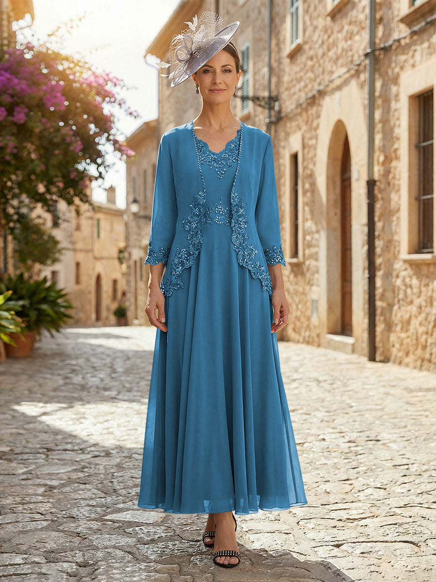 2-Piece A-Line Chiffon 3/4 Sleeves Mother of the Bride & Groom Dresses with Scalloped V-Neck Lace Bodice