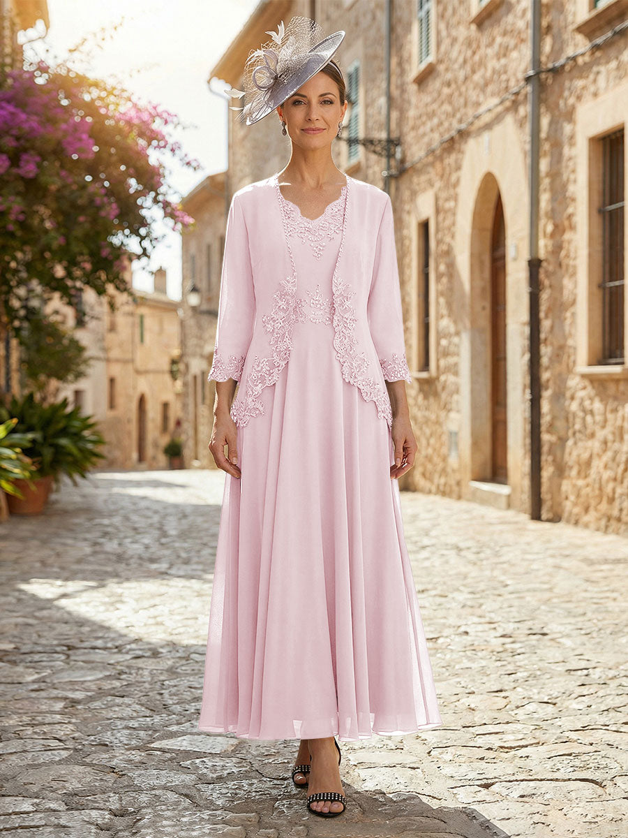 2-Piece A-Line Chiffon 3/4 Sleeves Mother of the Bride & Groom Dresses with Scalloped V-Neck Lace Bodice