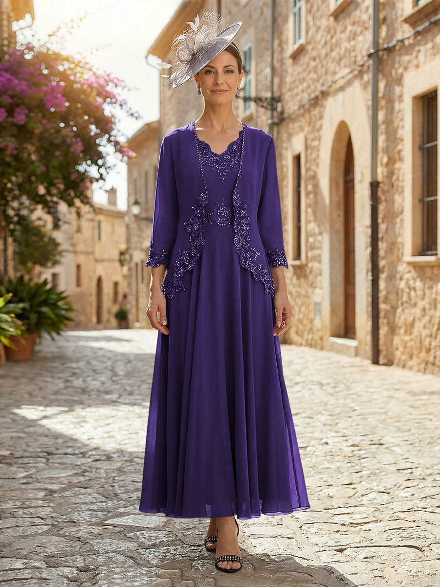 2-Piece A-Line Chiffon 3/4 Sleeves Mother of the Bride & Groom Dresses with Scalloped V-Neck Lace Bodice