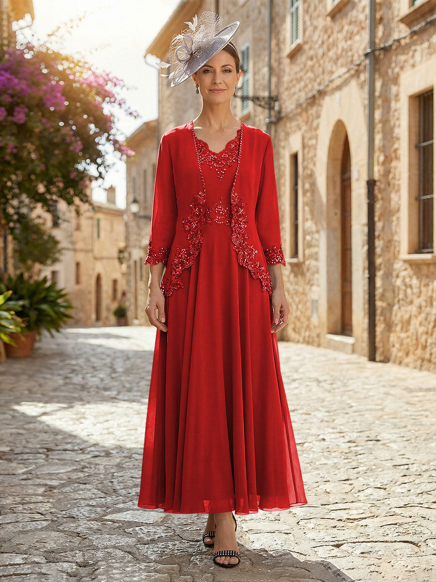2-Piece A-Line Chiffon 3/4 Sleeves Mother of the Bride & Groom Dresses with Scalloped V-Neck Lace Bodice