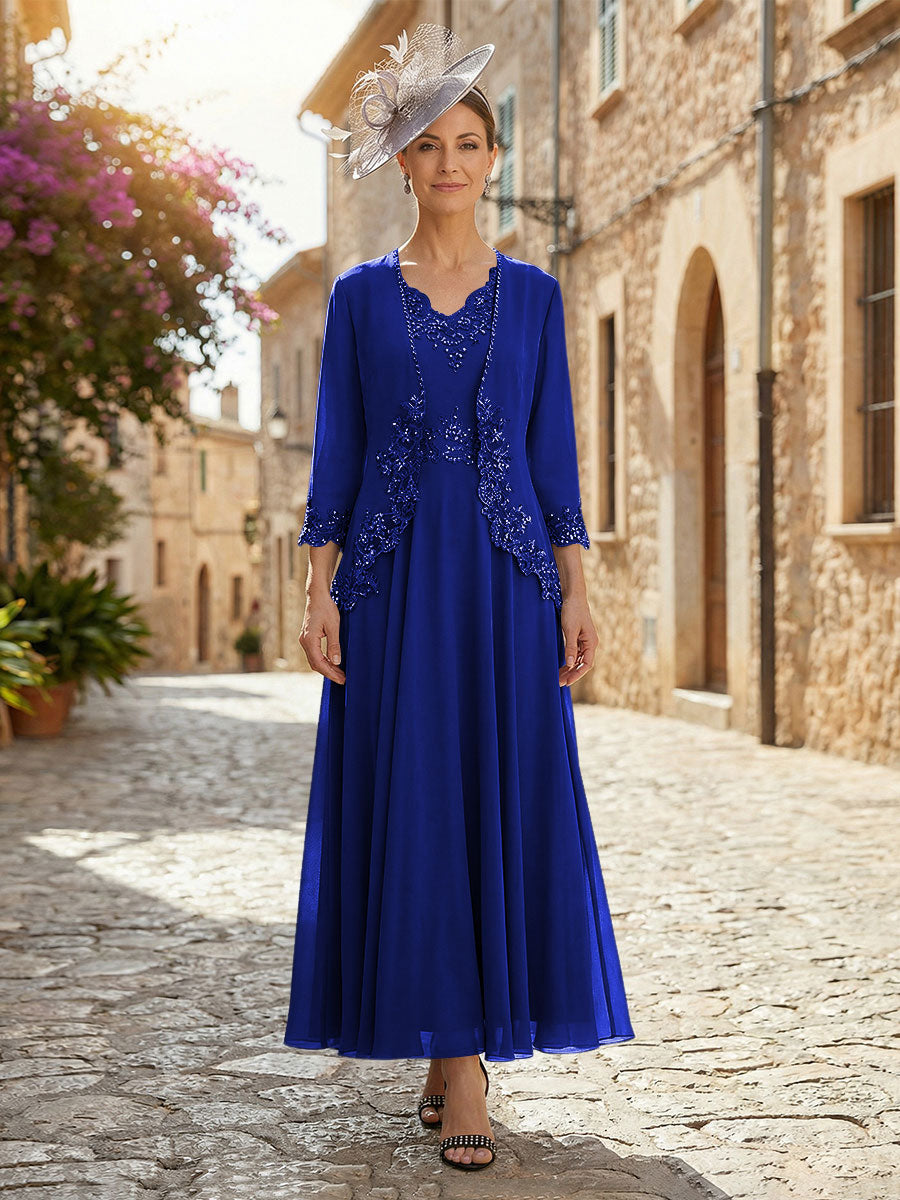 2-Piece A-Line Chiffon 3/4 Sleeves Mother of the Bride & Groom Dresses with Scalloped V-Neck Lace Bodice