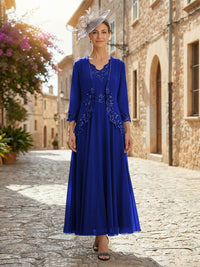 2-Piece A-Line Chiffon 3/4 Sleeves Mother of the Bride & Groom Dresses with Scalloped V-Neck Lace Bodice