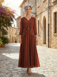 2-Piece A-Line Chiffon 3/4 Sleeves Mother of the Bride & Groom Dresses with Scalloped V-Neck Lace Bodice