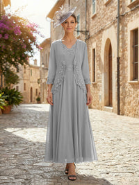 2-Piece A-Line Chiffon 3/4 Sleeves Mother of the Bride & Groom Dresses with Scalloped V-Neck Lace Bodice