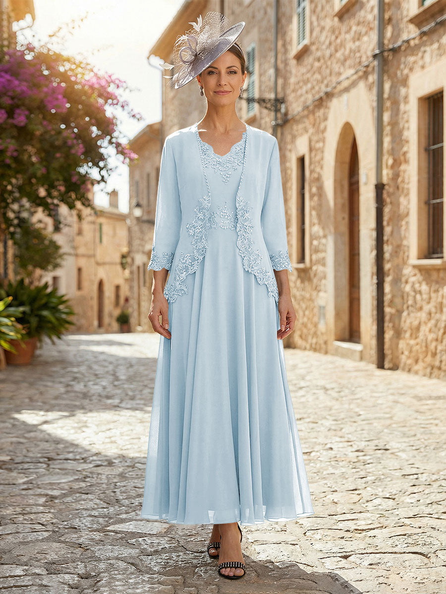 2-Piece A-Line Chiffon 3/4 Sleeves Mother of the Bride & Groom Dresses with Scalloped V-Neck Lace Bodice