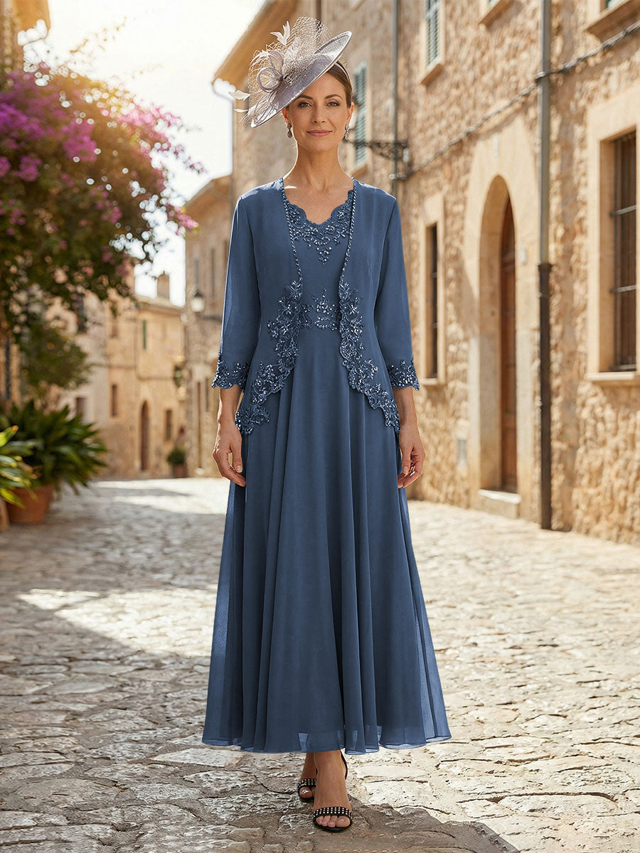 2-Piece A-Line Chiffon 3/4 Sleeves Mother of the Bride & Groom Dresses with Scalloped V-Neck Lace Bodice