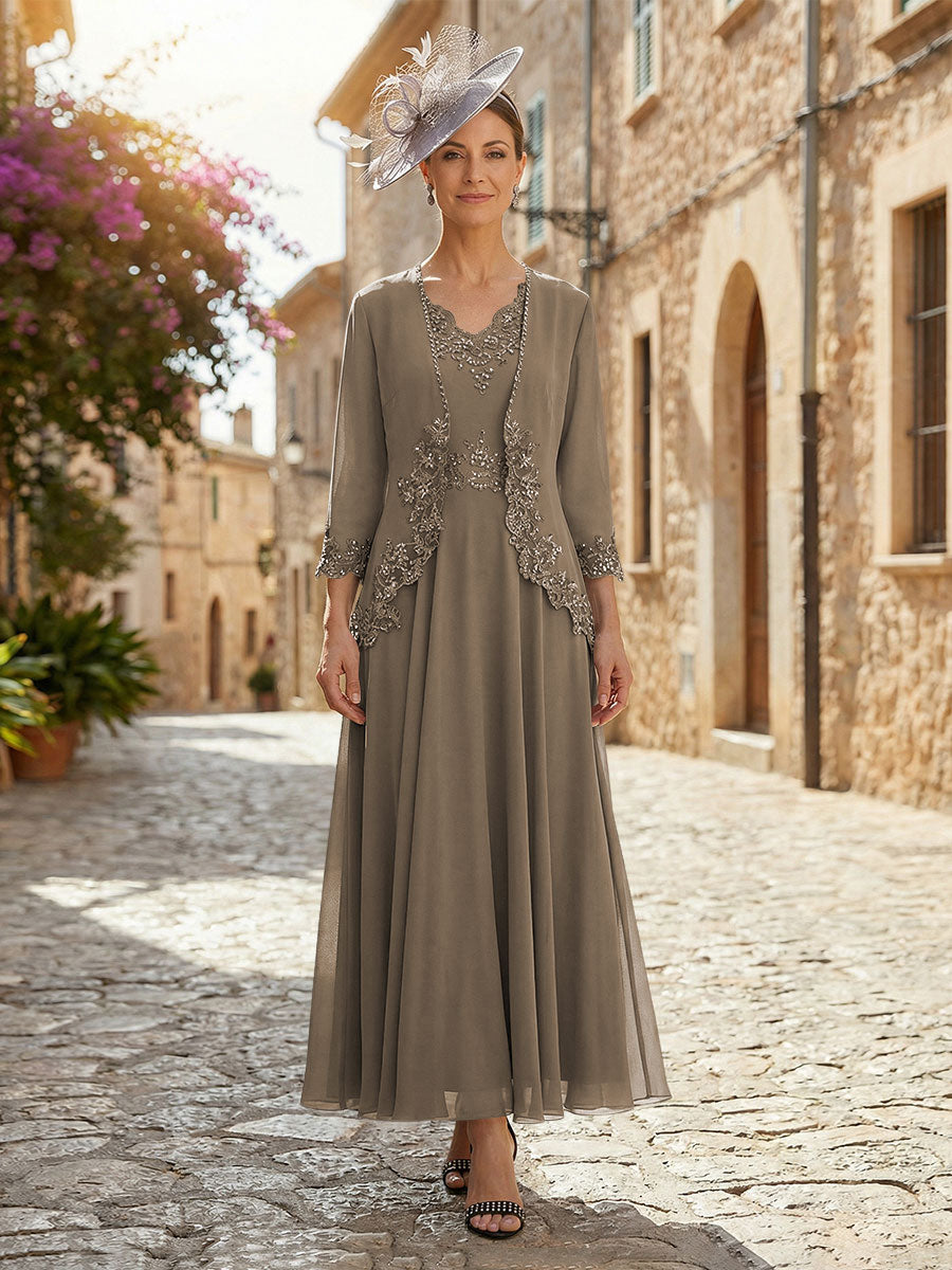 2-Piece A-Line Chiffon 3/4 Sleeves Mother of the Bride & Groom Dresses with Scalloped V-Neck Lace Bodice