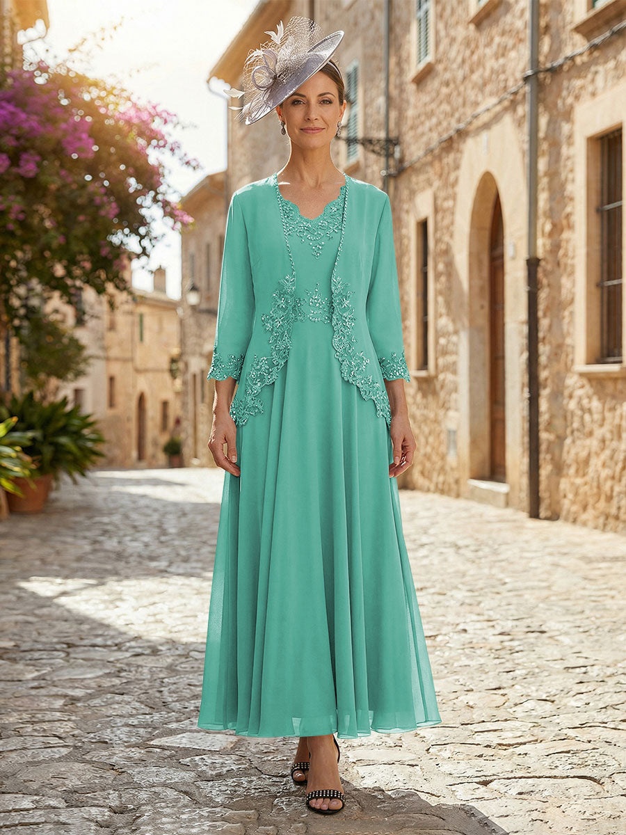 2-Piece A-Line Chiffon 3/4 Sleeves Mother of the Bride & Groom Dresses with Scalloped V-Neck Lace Bodice