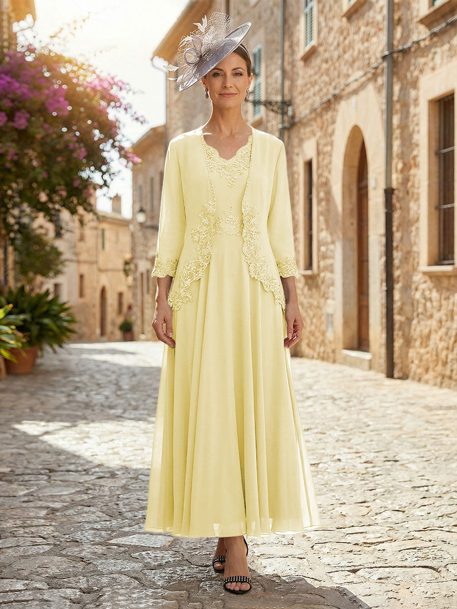 2-Piece A-Line Chiffon 3/4 Sleeves Mother of the Bride & Groom Dresses with Scalloped V-Neck Lace Bodice
