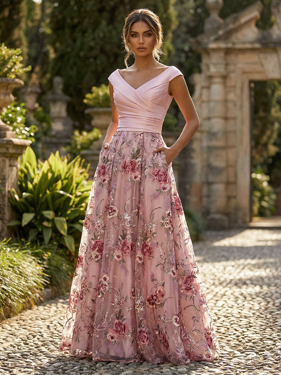 Blush Floral Mother of the Bride Dresses 2026 for Women V-Neck Sleeveless A-Line Floor-Length Elegant Formal Dress with Pockets