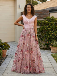 A-Line Floral Jacquard Floor-Length Mother of the Bride & Groom Dresses with Ruched Satin Bodice