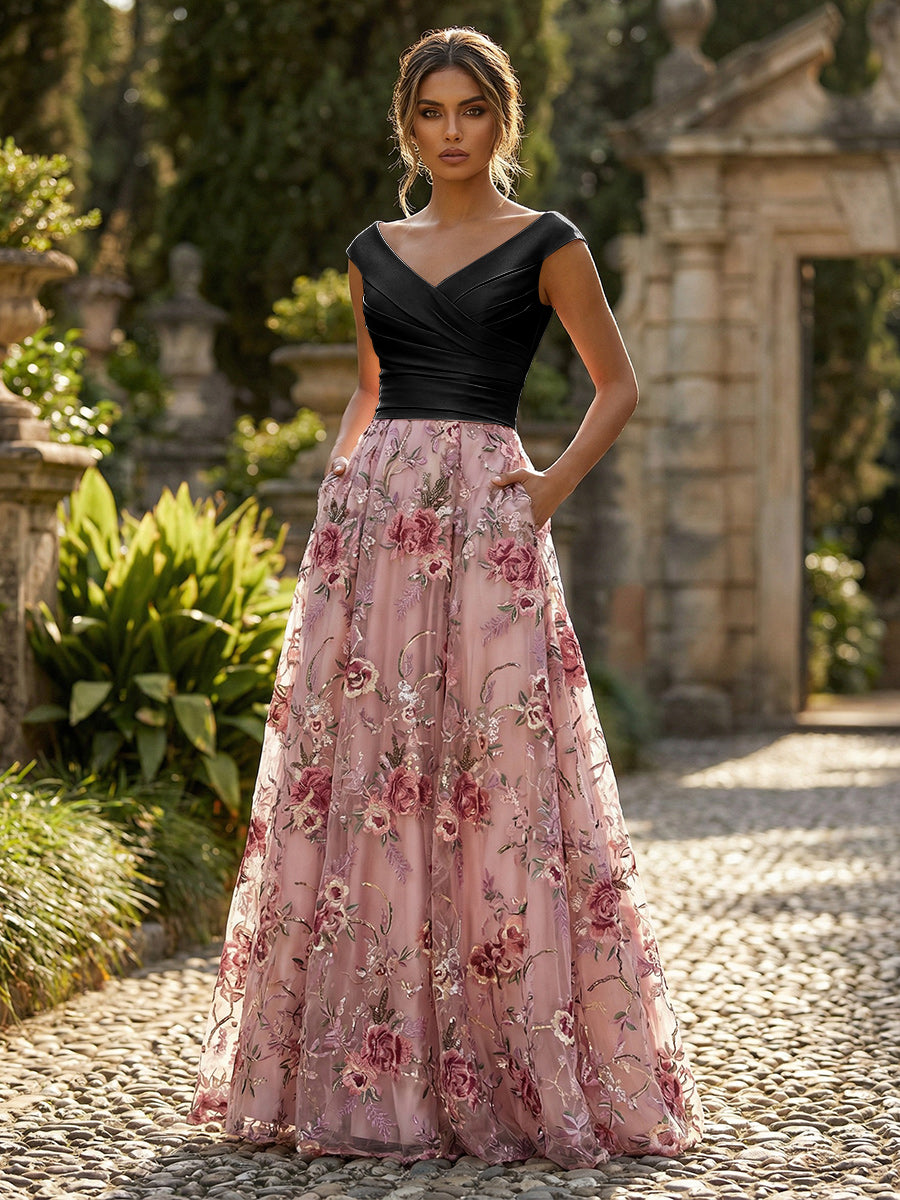 A-Line Floral Jacquard Floor-Length Mother of the Bride & Groom Dresses with Ruched Satin Bodice