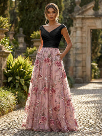 A-Line Floral Jacquard Floor-Length Mother of the Bride & Groom Dresses with Ruched Satin Bodice