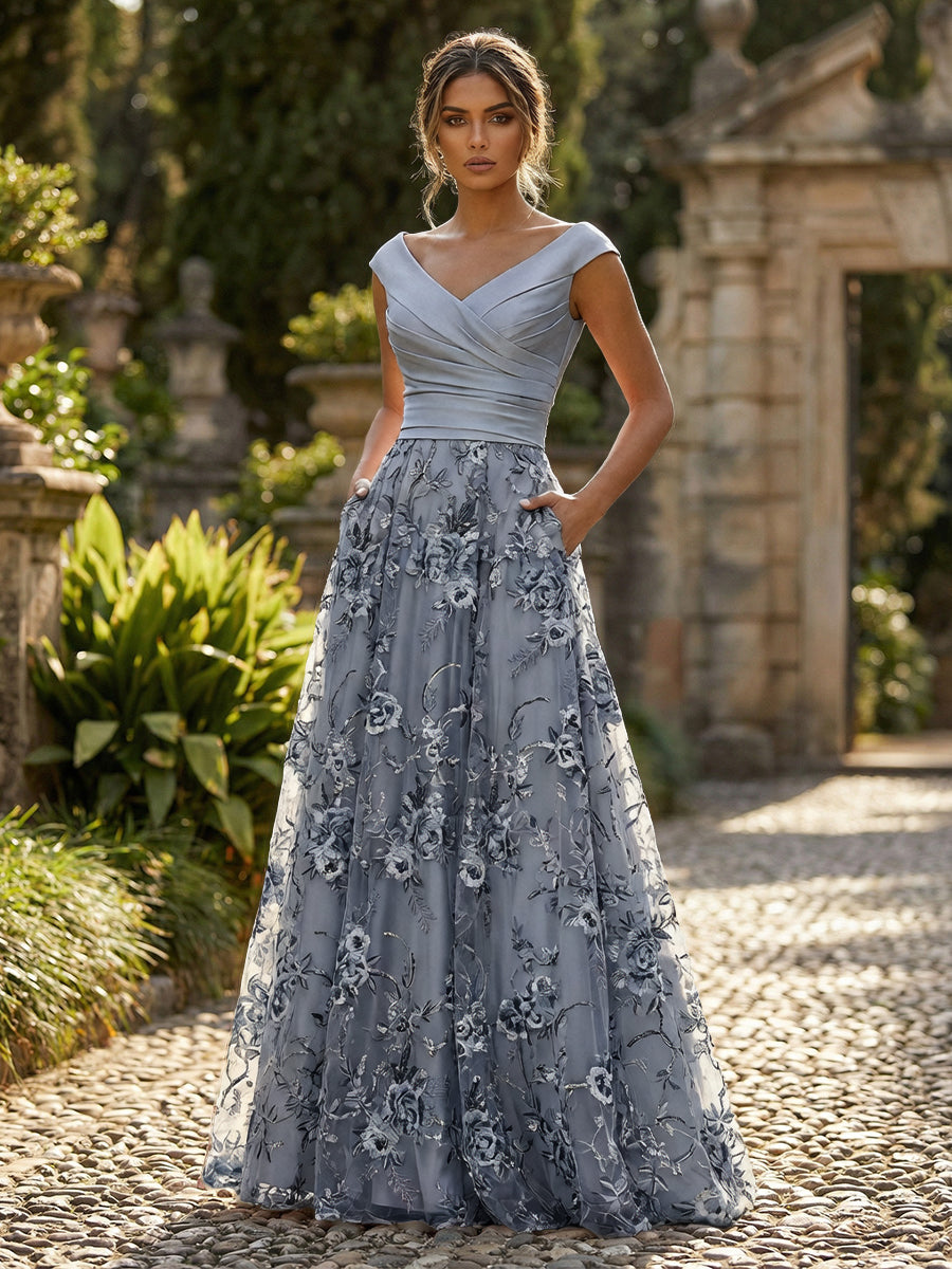 Dark Gray A-Line Mother of the Groom Dresses 2026 Floral Sequin Lace Floor-Length Formal Evening Maxi Gowns with Ruched Satin Bodice