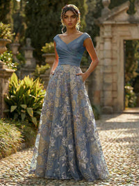 A-Line Floral Jacquard Floor-Length Mother of the Bride & Groom Dresses with Ruched Satin Bodice