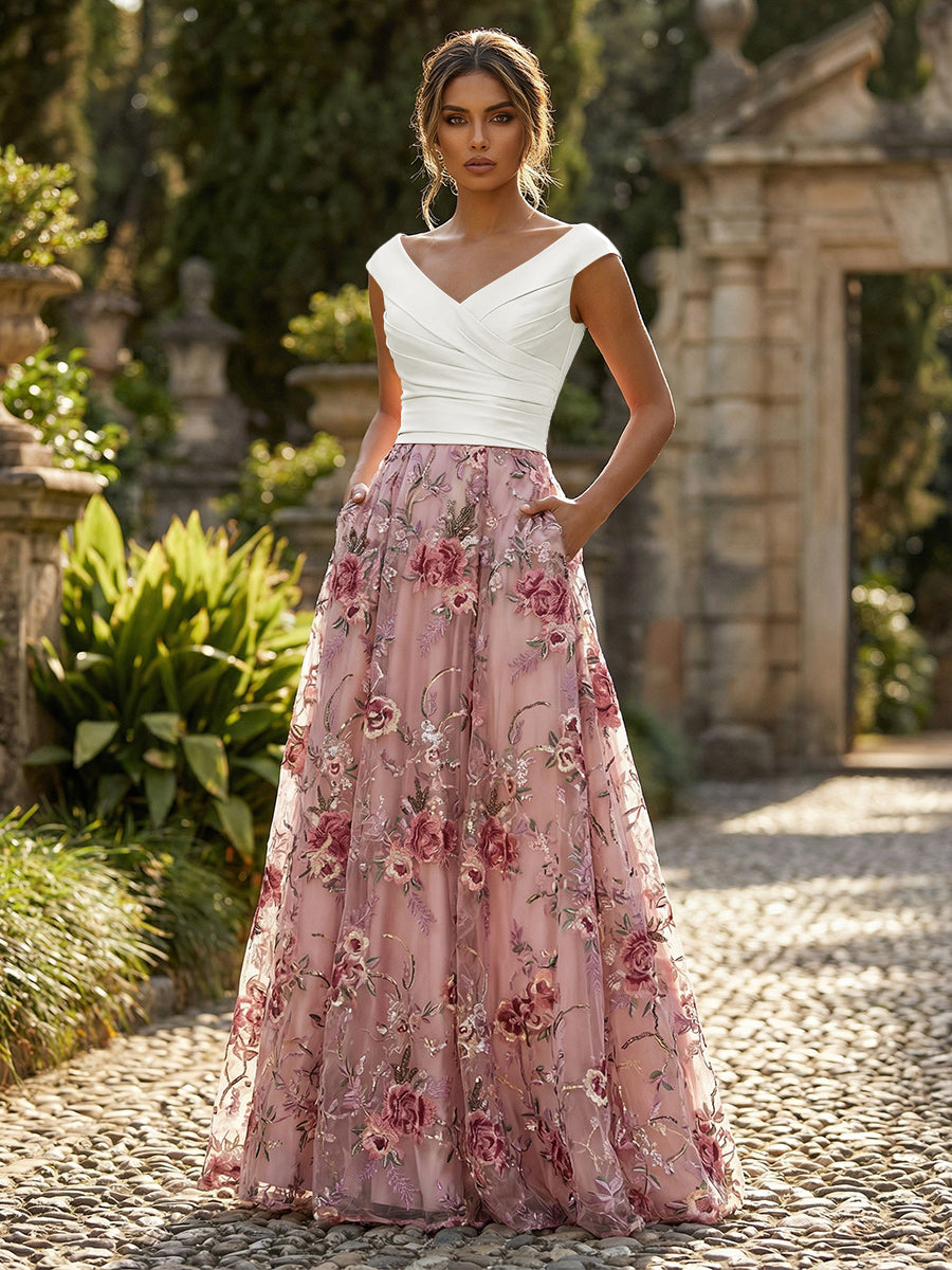 Shirees Ivory A-Line Floral Jacquard Floor-Length Mother of the Bride & Groom Dresses with Ruched Satin Bodice 2026