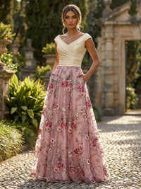A-Line Floral Jacquard Floor-Length Mother of the Bride & Groom Dresses with Ruched Satin Bodice