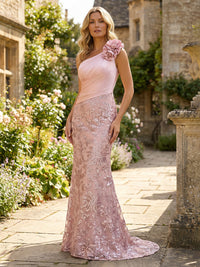 Sheath One Shoulder 3D Floral Floor-Length Mother of the Bride & Groom Dresses with Sequin Embroidered & Sweep Train