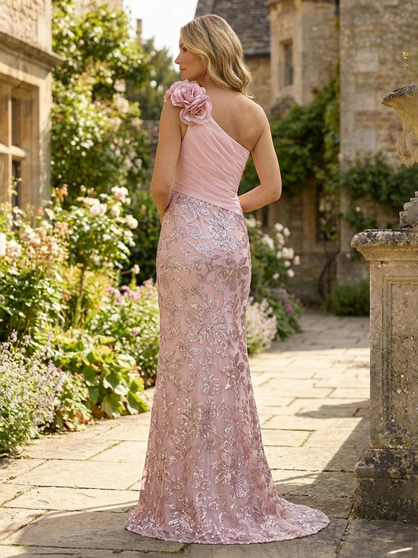 Sheath One Shoulder 3D Floral Floor-Length Mother of the Bride & Groom Dresses with Sequin Embroidered & Sweep Train