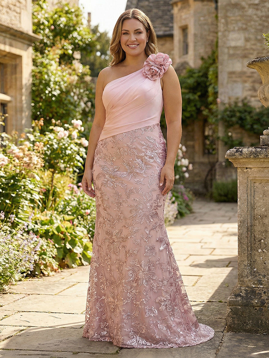 Sheath One Shoulder 3D Floral Floor-Length Mother of the Bride & Groom Dresses with Sequin Embroidered & Sweep Train